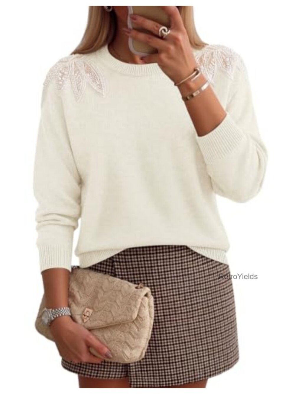 Women's Pearl Lace Trim Pullover Sweater Long Sleeve Crew Neck Loose Knit